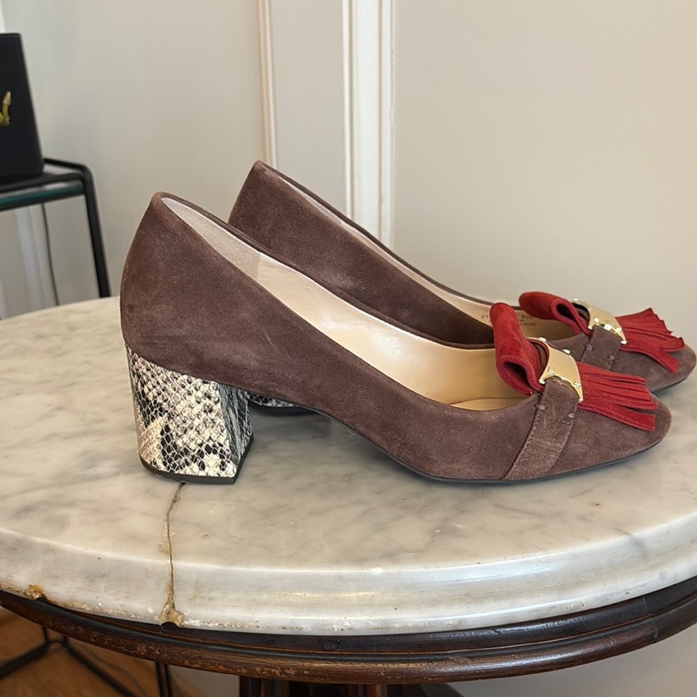Cole Haan Suede Heels with Red and Snake Skin Accents